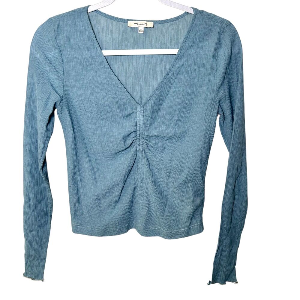 Madewell Semisheer Shirred V-Neck 100% Cotton Top Tranquil Lake Blue Size S